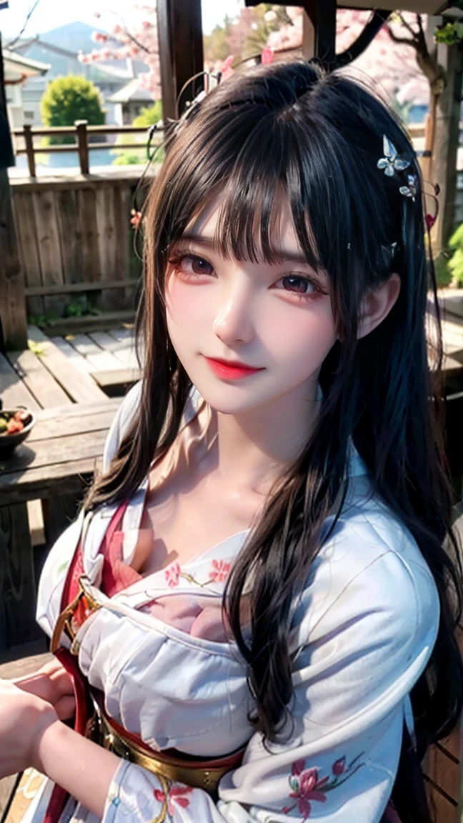 (logo、masterpiece、8k、table top、RAW photo、wonderful、最high quality、Photorealistic and hvery detailed CG integrated 8k wallpaper、high quality、very detailed、Narrative poem、particle effects、dynamic effects、written boundary depth、cinematic light、Lens flare、ray tracing)、fantasy、 (1 beautiful woman、white kimono、Japan Dress、white cherry blossom pattern、White cherry blossom embroidery pattern、black haired、beautiful face、real face、beautiful details eyes beautiful skin)、Hair flutters in Wind、hair bounces、pink cherry tree、petals dance、SakuraFubuki、wonderful scenery、sunrise、sun on background、Wind、god々、teeth、god story、vast land