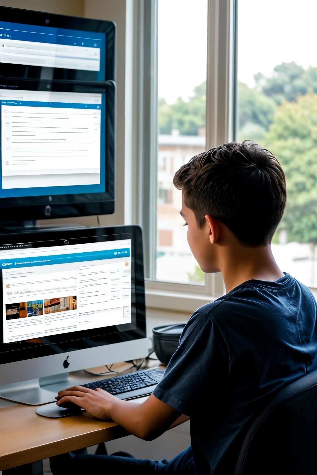 a boy sitting completely with his back to a computer, The person must be centered in the middle of the image so that their face cannot be seen