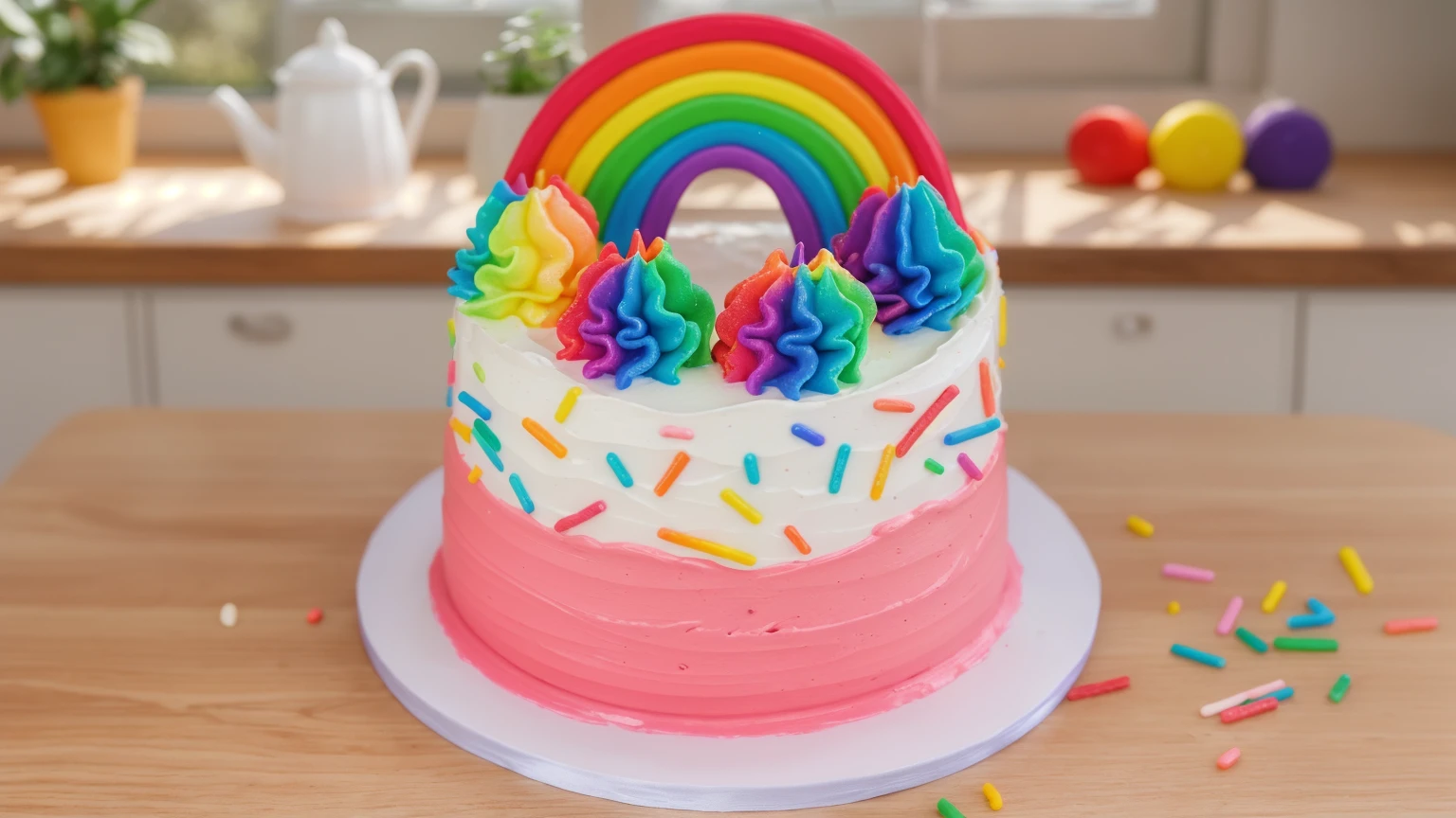 on a wooden table, there is a white plate with cake, white and pink cream cake, Rainbow confectionery powder on the cake, top rainbow gradient cream, polymer clay rainbow, Confectionery powder is scattered on the table nearby, window in the background, kitchen countertop, jars of dyes, teapot and vase with plants, Beautiful light from the window, beautiful lighting, bright announcement, several light sources, Realistic style, realistic textures, high quality, high detail, detailed texture, ultra 4k hd, macro photography