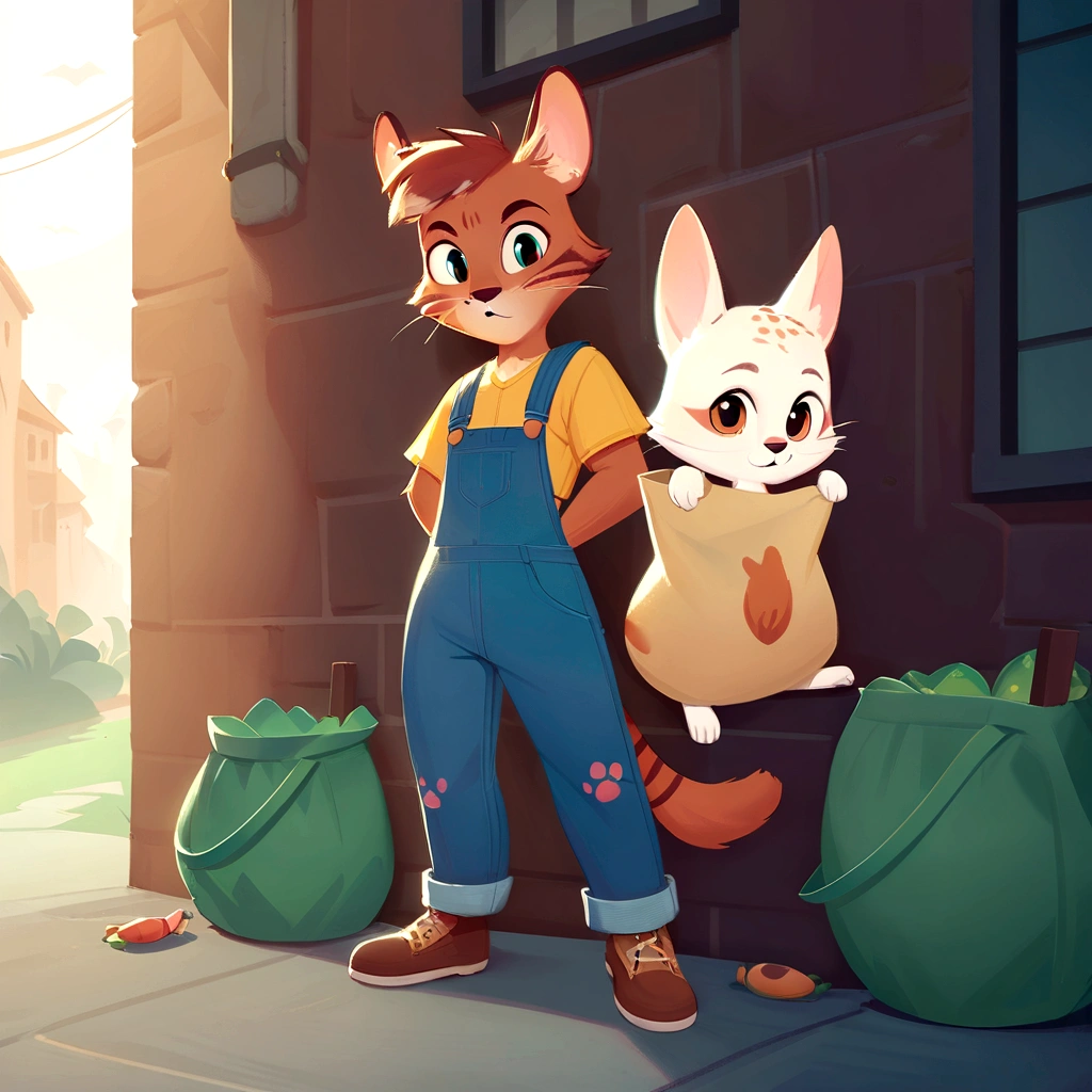 There is a cartoon cat and a cat in a bag, 迪士尼疯狂Zootopia style, in Zootopia style, Cute numbers, Inspired by Louis van Baarle, jazza 和 rossdraws, Zootopia concept art, In Zootopia, Zootopia style, By Ryan Yee, Zootopia style, stylized concept art, Zootopia style