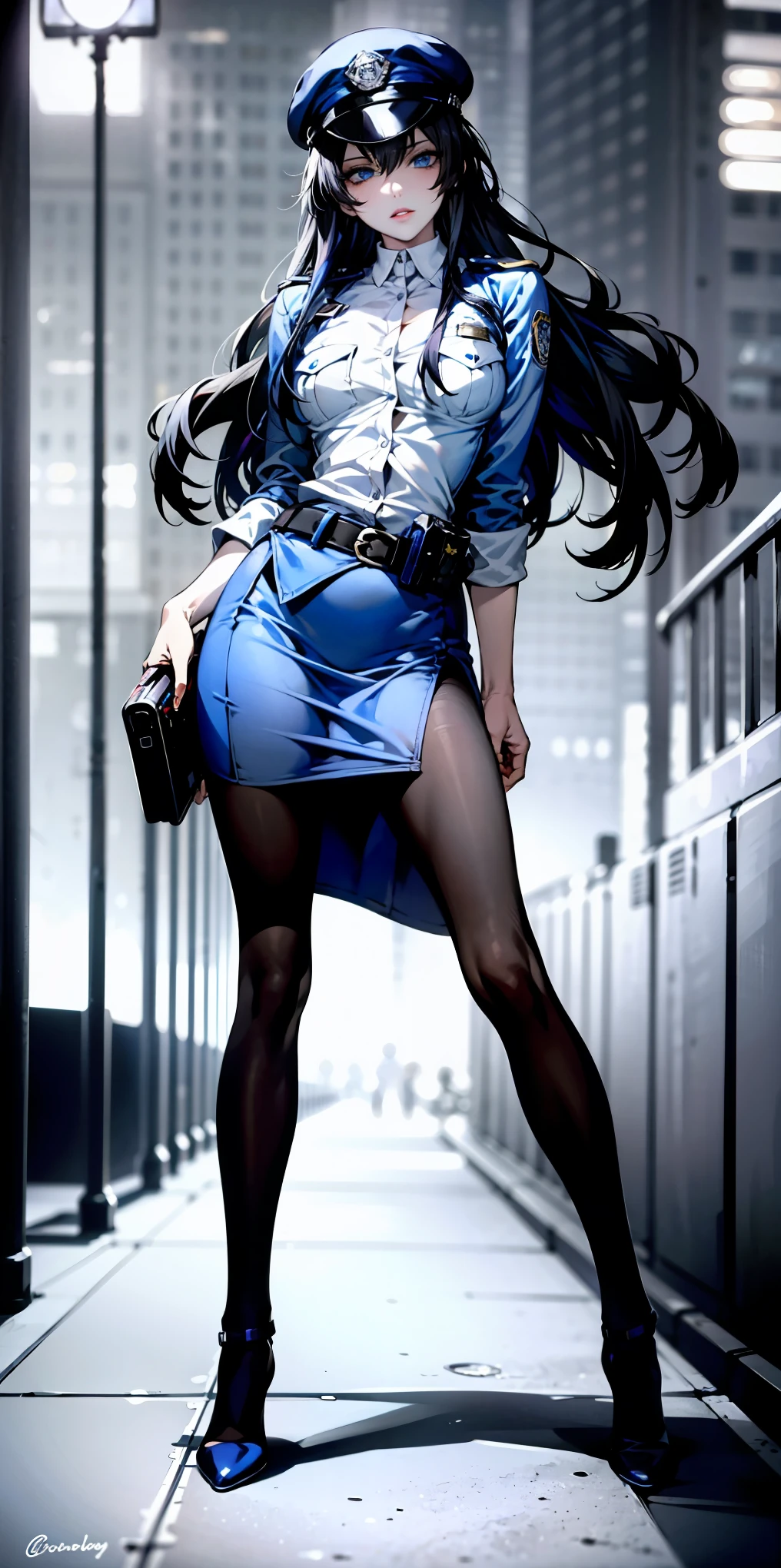 Ridiculous resolution, high resolution, (masterpiece:1.4), Extremely detailed, 1 Girl,blue eyes, Black long hair，Please wear police uniform and short skirt, White handbags、Pantyhose、City Streets,Sexy pose, The camera is close to your body