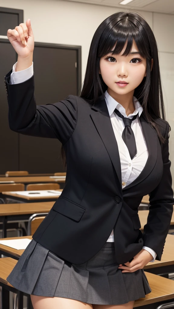 ((Tabletop)), (Detailed face), (highlight),　Asian Girl、Big breasts、thigh、Black Hair、Heavy bangs、high school girl、skirt、blazer、