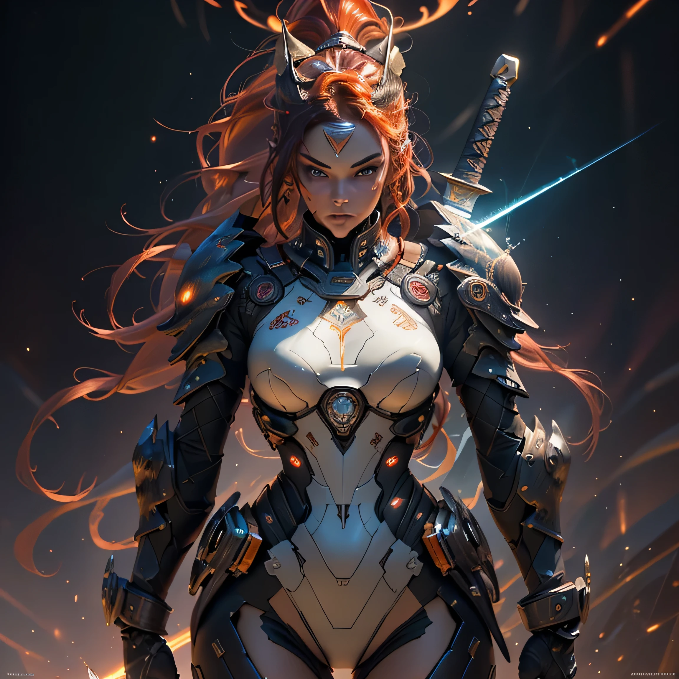 1girl, solo, masterpiece, best quality, 8k, detailed skin texture, detailed polished metal textures, light reflections off of metal surfaces, highly-detailed eyes, extremely detailed face, intricately detailed auburn hair, ultra-detailed mecha exoskeleton, beautifully detailed body, insanely detailed background, bold colors, A stunningly beautiful, extremely fit girl, with a long braided ponytail, wearing full body mecha body armor is (holding a Katana sword in one hand):1.5. and (a long dagger in the other hand):1.5, (((bright red and orange tracers are flying past her))):1.5 (((light trails follow the swords that are swung at high velocity))):1.33, (resembling glowing speed lines):1.4. (She has large bright blue eyes):1.4, (a button nose, perfectly shaped lips):1.2, (a flawless face):1.33 and (the body of a fitness model):1.25, (maximum detail):1.4. (She has a lean waist, an extremely toned midriff, slender thighs, slim calves, and flawless large breasts):1.42, (there are laser bolts and explosions all around her):1.4, and the scene is very (chaotic:1.3), (((detailed line work and delicate, flowing brushstrokes))), giving the art a dreamlike and ethereal quality, the art style is heavily influenced by modern Mecha Anime Films, Concept Art, Surrealism and Art Nouveau with intricate patterns and decorative details):1.2, (motifs from nature such as wolves, lightning, and dragons):1.3. (featuring vivid shades of red, blue, green, and purple, also using silver and gold metallic accents):1.4 (cinematic movie still, masterpiece, best quality, absurd resolution, 8k, Monte Carlo Ray Tracing:1.2, path traced subsurface scattering):1.4, (((HDR, UHD, volumetric lighting, Unreal Engine 5, Unity Engine, Blender, octane render))), (exquisite subject composition and use of lighting:1.4, exceptional, award-winning shading:1.4, sharp focus:1.35, top angle, full body shot, photorealistic, natural beauty):1.4