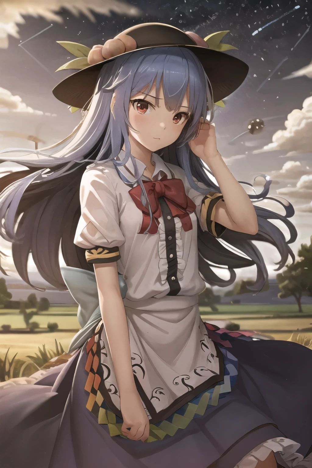 masterpiece, best quality,  1 Girl,hinanawi tenshi 有,peach,Blue Hair,Long hair,Red Eyes,bow,Short sleeve,shirt,skirt,Use the fire sword to look at yourself under the starry sky