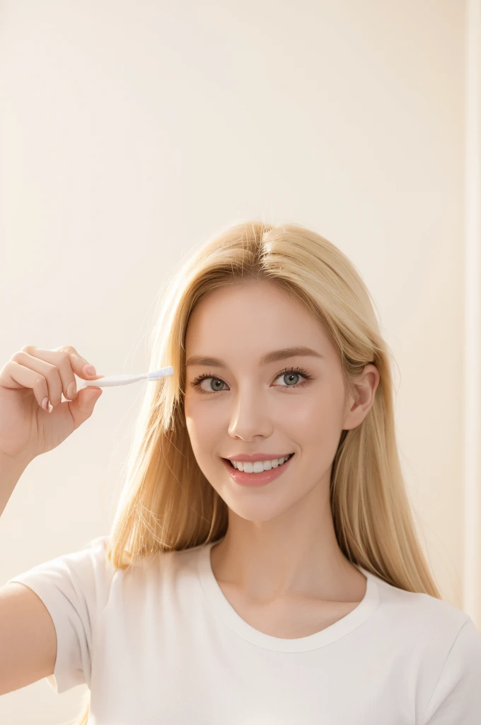perfect quality,blond,White skin,a photo of a woman,indoor,White background,Realistic lighting,8K,4K,Looking at the camera,Wearing short sleeves,Hold a toothbrush,Smile,Show your teeth,portrait,Pretty Face