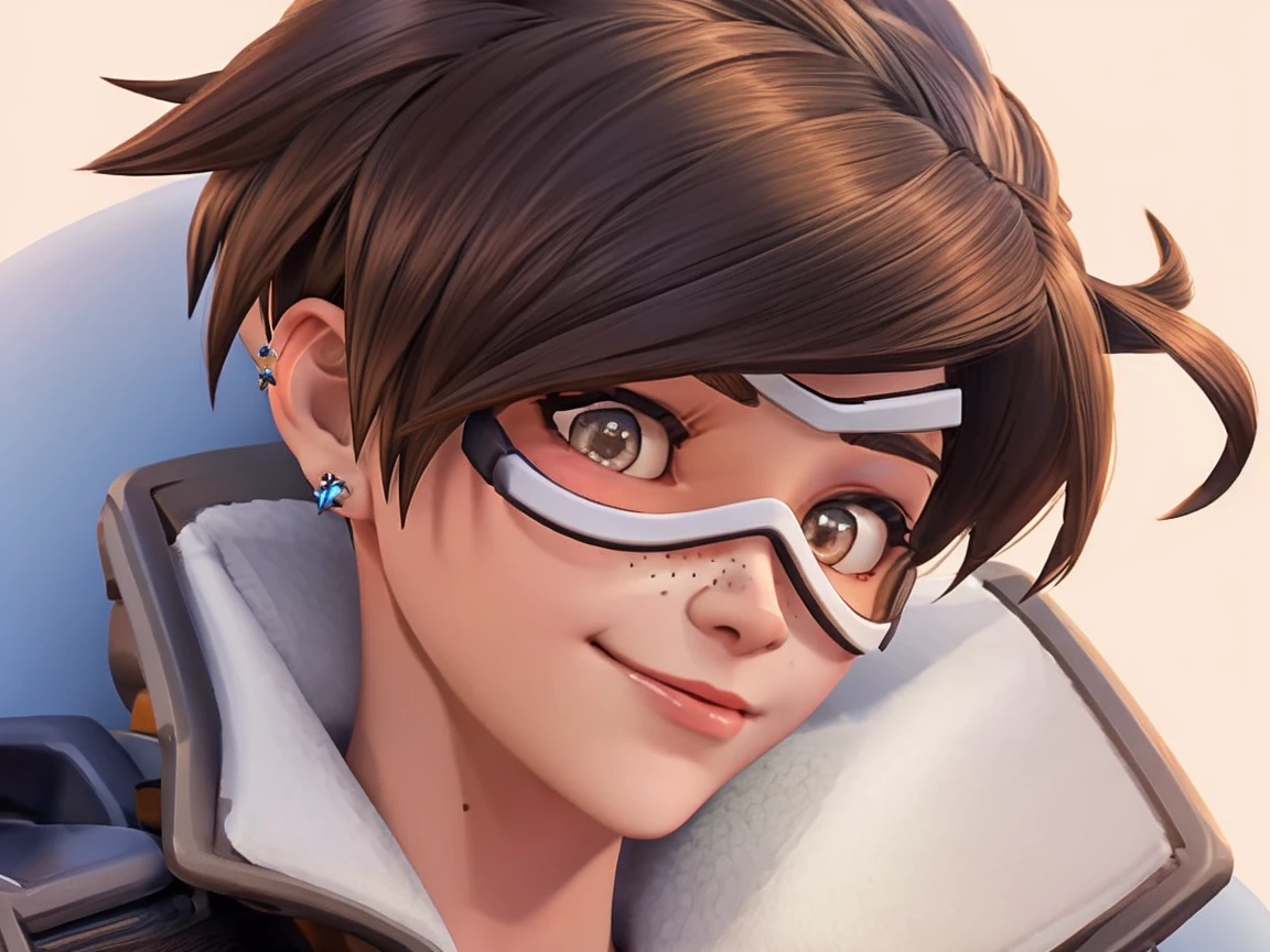 VHS cover for a porn starring tracer. sexy, hoop-earings, naked, nude, slut, small_boobs, freckles, pornstar, nsfw, full body view.