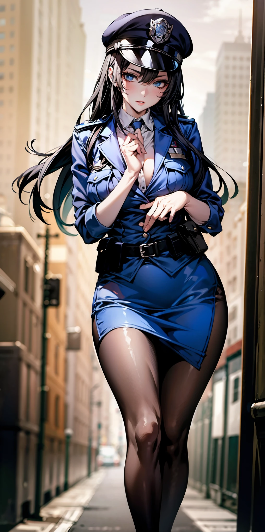 Ridiculous resolution, high resolution, (masterpiece:1.4), Extremely detailed, 1 Girl,blue eyes, Black long hair，Please wear police uniform and short skirt, White handbags、Pantyhose、City Streets,Sexy pose, The camera is close to your body