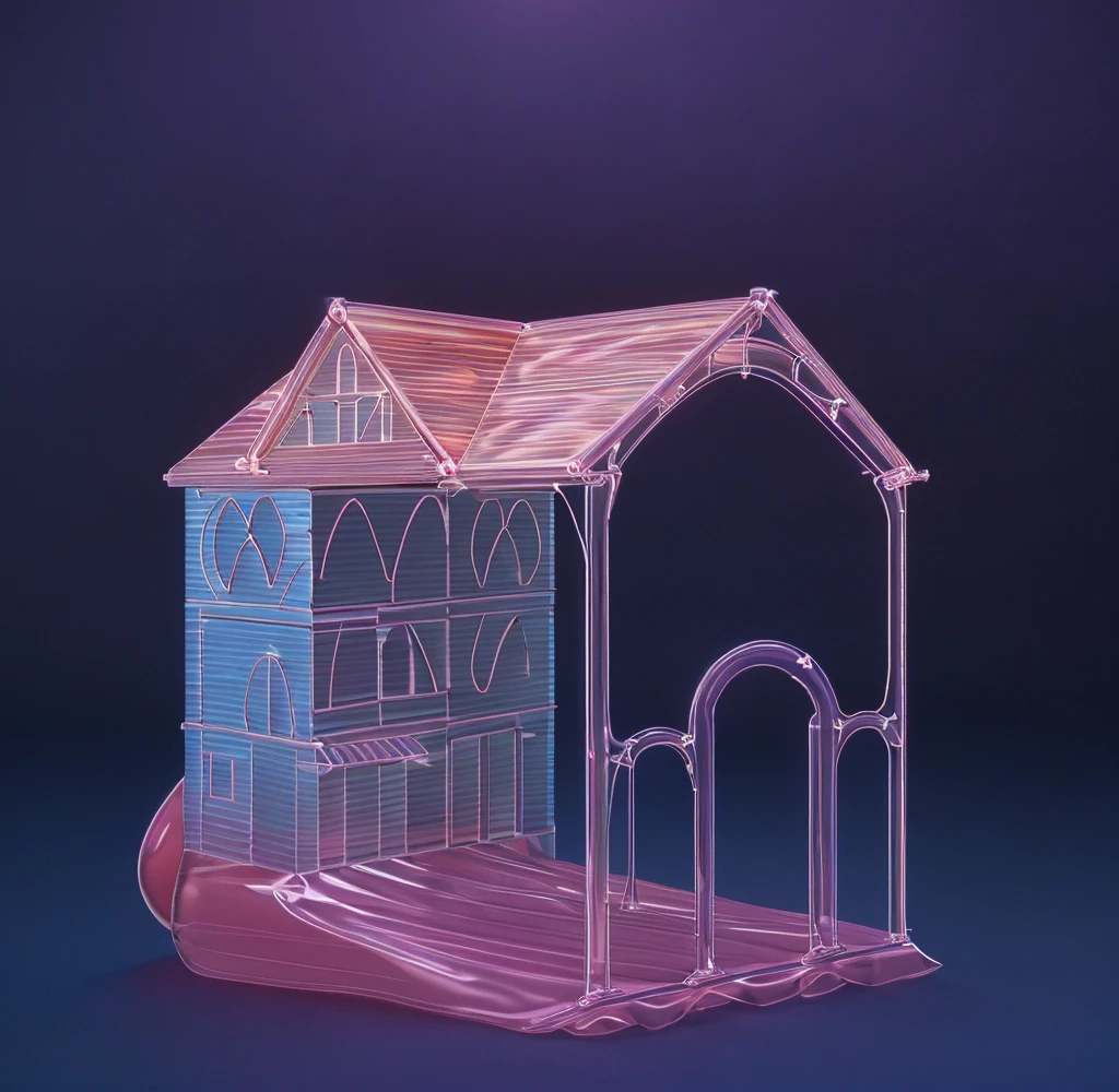 The image features a pink and white fairy tale cottage with a pink snake and a heart on the roof, and a small stage in the back.3d style, simplified design, 3d render, glossy texture, smooth 3d model, multiple light sources, rim light, sharp post effects render, (glossy plastic texture with multiple big light probe refractions), perfect cgi, smooth silhouette, high intensity refraction, (super glossy material), most beautiful vfx , blue background, plastic refractions, realistic, 4k, high resolution, rim light, photo shoot, commercial photo, profile shot, 4k, rim light, high resolution, 4k, glossy texture, smooth 3d model, multiple light sources, rim light, sharp post effects render, (glossy metallic texture with multiple big light probe refractions), perfect cgi, cgi art created only with gradients, smooth silhouette, high intensity refraction, (super glossy chrome material), most beautiful vfx, blue background, chrome metal refractions, multiple light sources, rim light, sharp post effects render, perfect cgi, digital art, detailed digital art, reflective, best quality, 4k, masterpiece:1.2, ultra-detailed, realistic, vivid colors, dark and moody lighting, The image of the highest quality, ensuring every detail is showcased perfectly. It in 4k resolution, allowing viewers to immerse themselves in the richness of the colors and intricate details. The realistic rendering. under the spotlight, reflecting, high-resolution image, realistic rendering, dark background, and rim light photorealistic The image features three characters standing in front of three houses. The characters are a red-haired mermaid, a purple cat, and an orange dog. They are each holding a yellow maraca