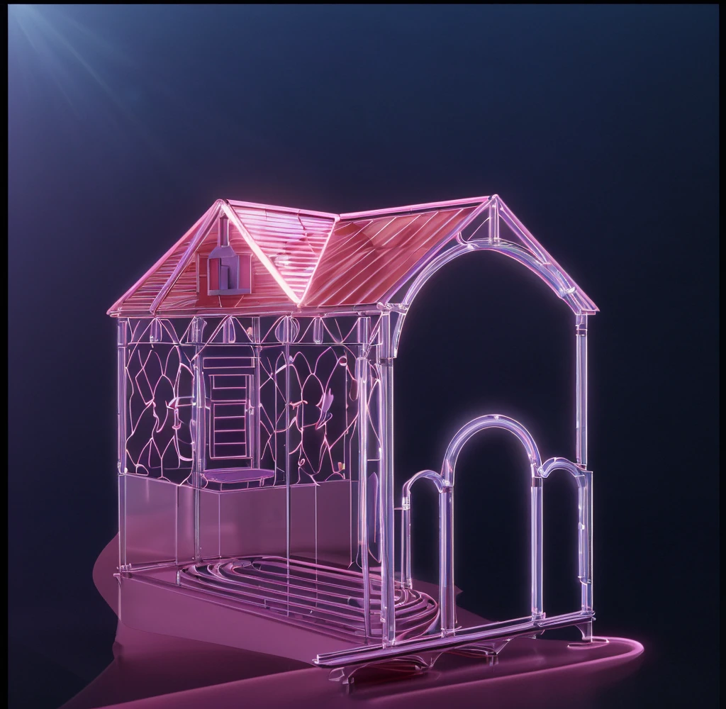 The image features a pink and white fairy tale cottage with a pink snake and a heart on the roof, and a small stage in the back.3d style, simplified design, 3d render, glossy texture, smooth 3d model, multiple light sources, rim light, sharp post effects render, (glossy plastic texture with multiple big light probe refractions), perfect cgi, smooth silhouette, high intensity refraction, (super glossy material), most beautiful vfx , blue background, plastic refractions, realistic, 4k, high resolution, rim light, photo shoot, commercial photo, profile shot, 4k, rim light, high resolution, 4k, glossy texture, smooth 3d model, multiple light sources, rim light, sharp post effects render, (glossy metallic texture with multiple big light probe refractions), perfect cgi, cgi art created only with gradients, smooth silhouette, high intensity refraction, (super glossy chrome material), most beautiful vfx, blue background, chrome metal refractions, multiple light sources, rim light, sharp post effects render, perfect cgi, digital art, detailed digital art, reflective, best quality, 4k, masterpiece:1.2, ultra-detailed, realistic, vivid colors, dark and moody lighting, The image of the highest quality, ensuring every detail is showcased perfectly. It in 4k resolution, allowing viewers to immerse themselves in the richness of the colors and intricate details. The realistic rendering. under the spotlight, reflecting, high-resolution image, realistic rendering, dark background, and rim light photorealistic The image features three characters standing in front of three houses. The characters are a red-haired mermaid, a purple cat, and an orange dog. They are each holding a yellow maraca