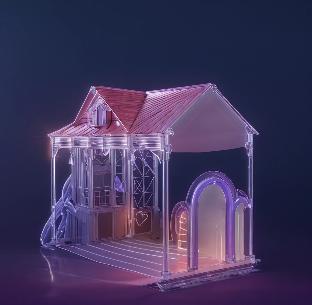 The image features a pink and white fairy tale cottage with a pink snake and a heart on the roof, and a small stage in the back.3d style, simplified design, 3d render, glossy texture, smooth 3d model, multiple light sources, rim light, sharp post effects render, (glossy plastic texture with multiple big light probe refractions), perfect cgi, smooth silhouette, high intensity refraction, (super glossy material), most beautiful vfx , blue background, plastic refractions, realistic, 4k, high resolution, rim light, photo shoot, commercial photo, profile shot, 4k, rim light, high resolution, 4k, glossy texture, smooth 3d model, multiple light sources, rim light, sharp post effects render, (glossy metallic texture with multiple big light probe refractions), perfect cgi, cgi art created only with gradients, smooth silhouette, high intensity refraction, (super glossy chrome material), most beautiful vfx, blue background, chrome metal refractions, multiple light sources, rim light, sharp post effects render, perfect cgi, digital art, detailed digital art, reflective, best quality, 4k, masterpiece:1.2, ultra-detailed, realistic, vivid colors, dark and moody lighting, The image of the highest quality, ensuring every detail is showcased perfectly. It in 4k resolution, allowing viewers to immerse themselves in the richness of the colors and intricate details. The realistic rendering. under the spotlight, reflecting, high-resolution image, realistic rendering, dark background, and rim light photorealistic The image features three characters standing in front of three houses. The characters are a red-haired mermaid, a purple cat, and an orange dog. They are each holding a yellow maraca