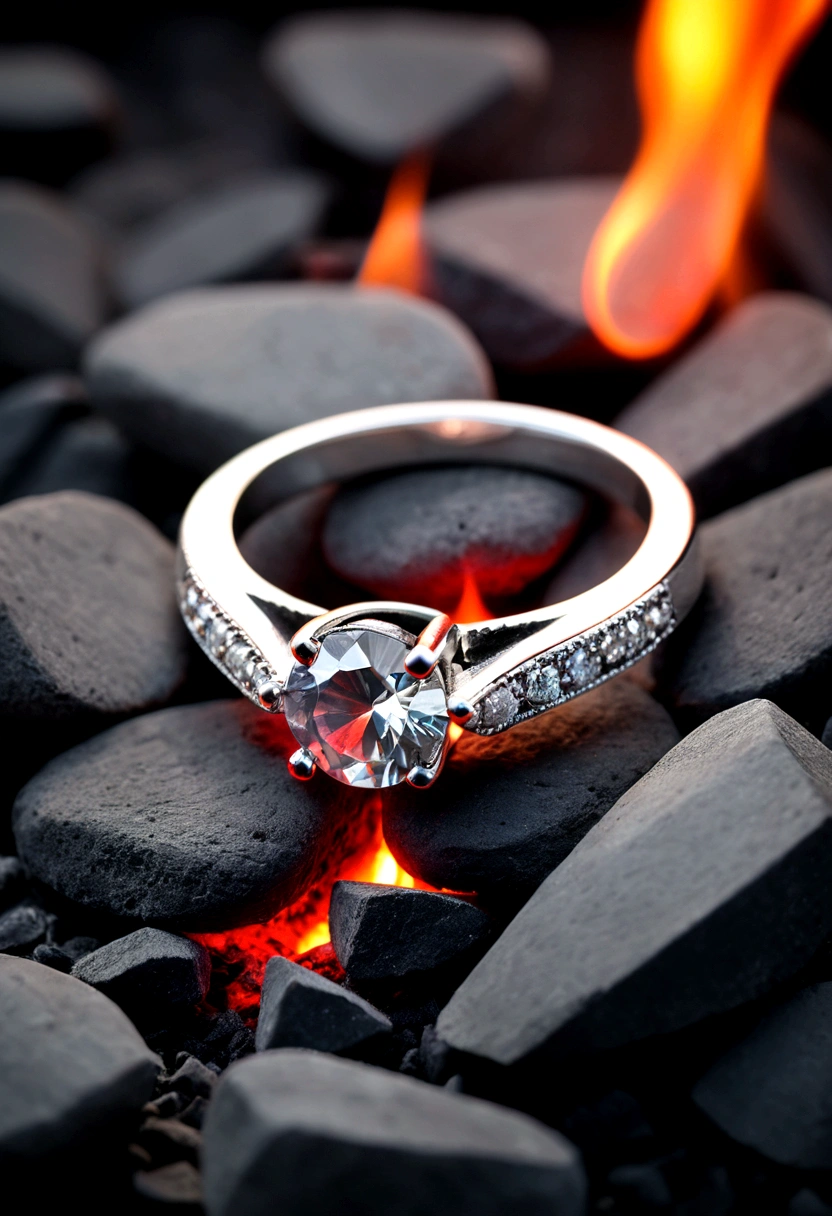 beautiful diamond ring, neat, in a dark atmosphere, the ring lies on the coals, hot coals, silver ring with diamond, Strict style, стильный design, cold haze, design, dark blurred background, hot coals, red cracks in coals, miniature ring, women's ring