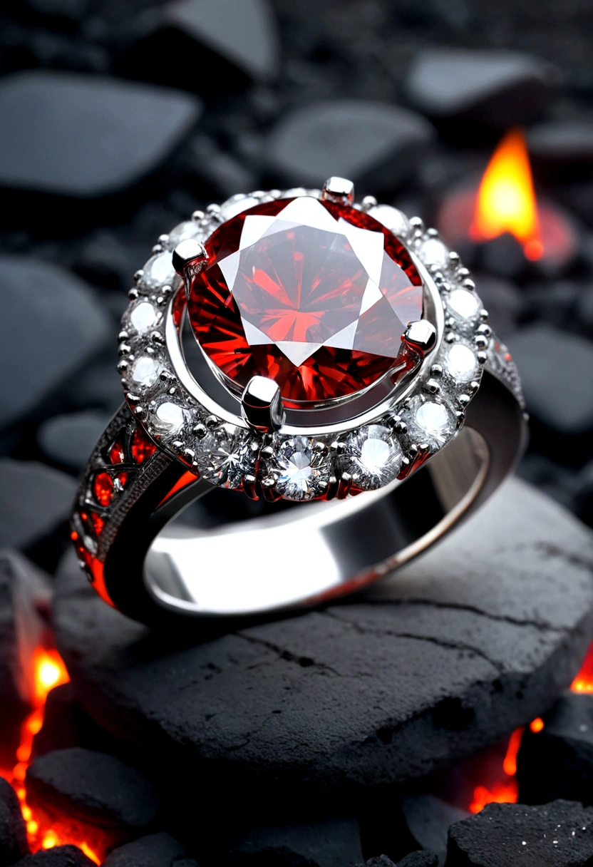beautiful diamond ring, neat, in a dark atmosphere, the ring lies on the coals, hot coals, silver ring with diamond, Strict style, стильный design, cold haze, design, dark blurred background, hot coals, red cracks in coals, miniature ring, women's ring