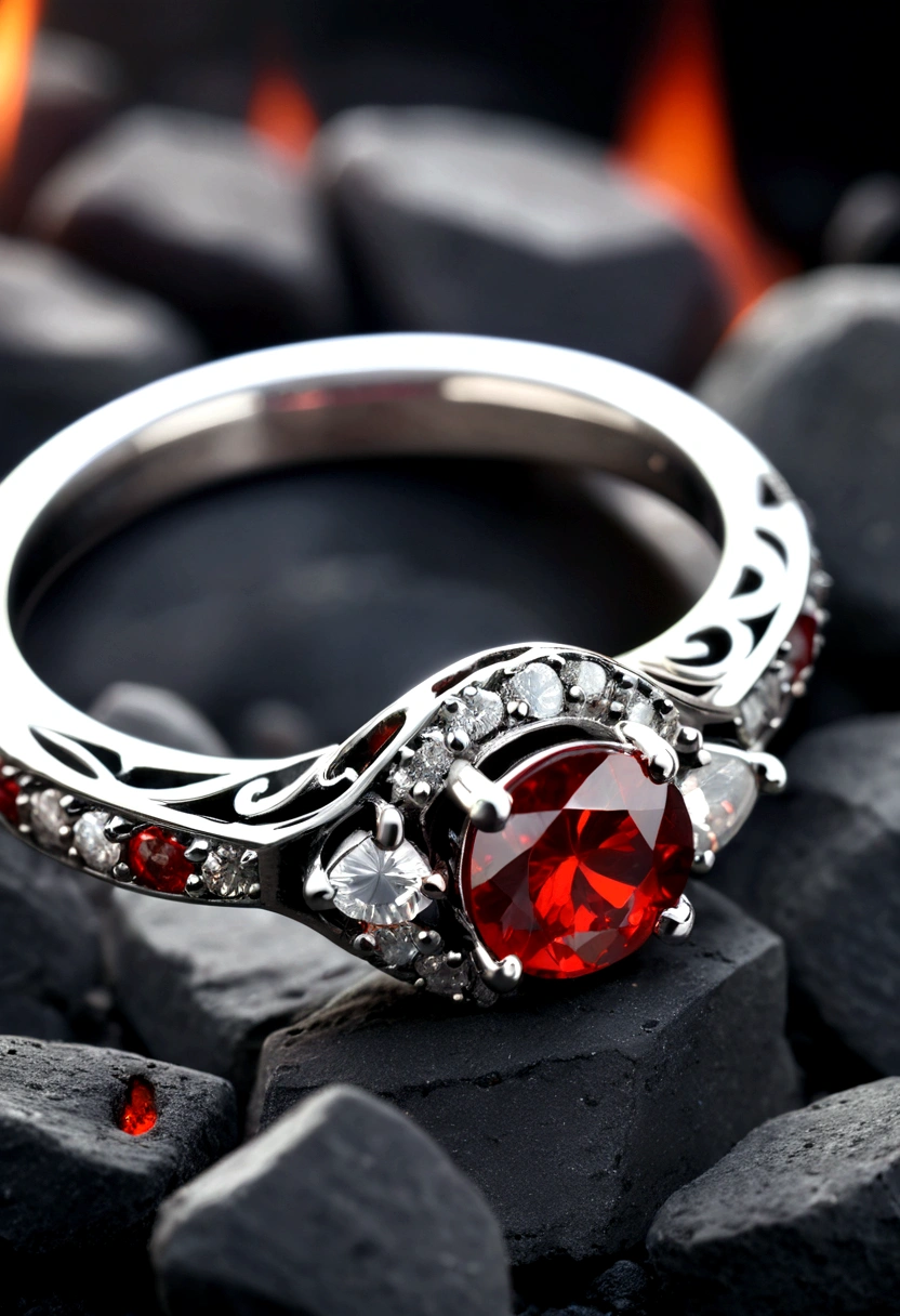 beautiful diamond ring, neat, in a dark atmosphere, the ring lies on the coals, hot coals, silver ring with diamond, Strict style, стильный design, cold haze, design, dark blurred background, hot coals, red cracks in coals, miniature ring, women's ring