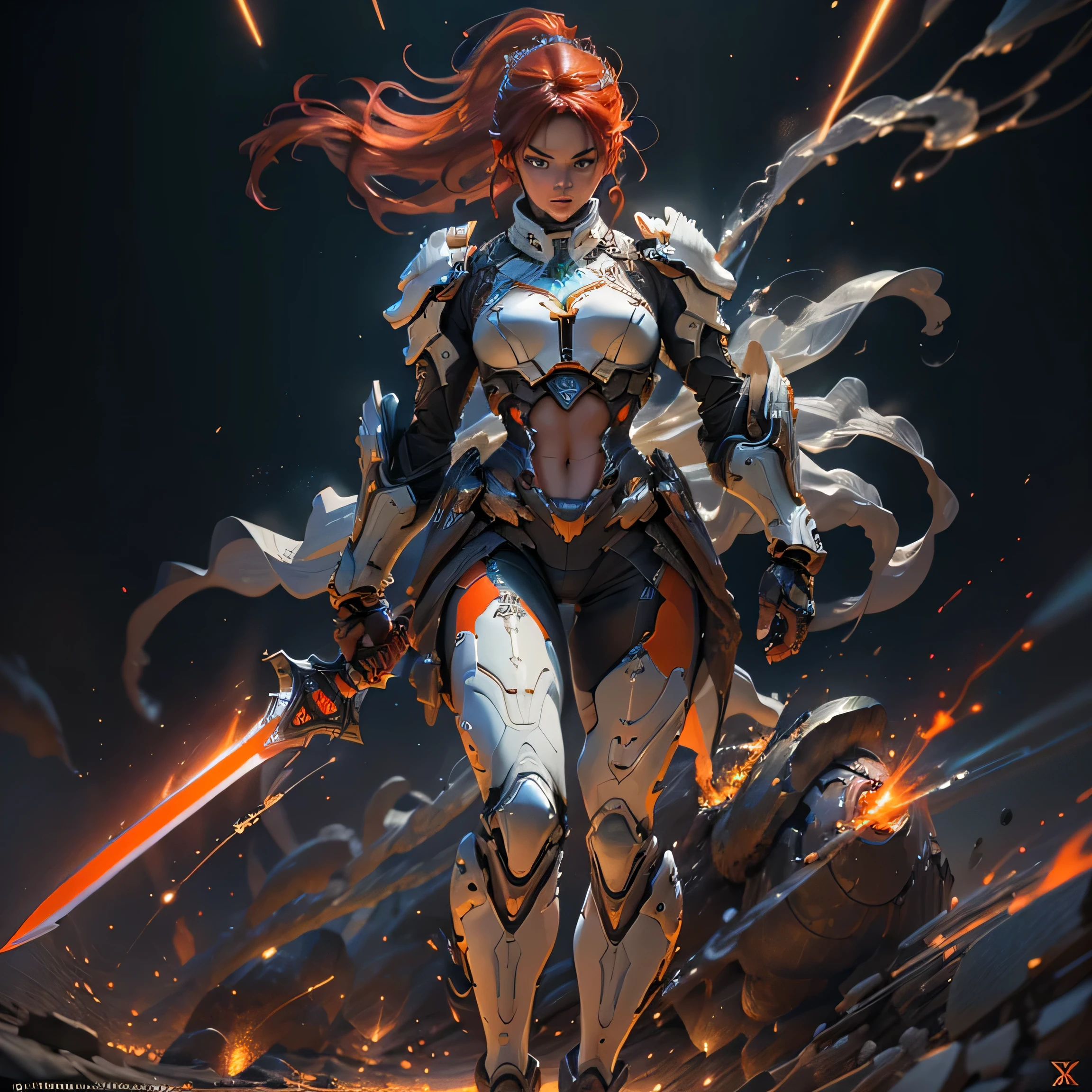 1girl, solo, masterpiece, best quality, 8k, detailed skin texture, detailed polished metal textures, light reflections off of metal surfaces, highly-detailed eyes, extremely detailed face, intricately detailed auburn hair, ultra-detailed mecha exoskeleton, beautifully detailed body, insanely detailed background, bold colors, A stunningly beautiful, extremely fit girl, with a long braided ponytail, wearing full body mecha body armor is (holding a Katana sword in one hand):1.5. and (a long dagger in the other hand):1.5, (((bright red and orange tracers are flying past her))):1.5 (((light trails follow the swords that are swung at high velocity))):1.33, (resembling glowing speed lines):1.4. (She has large bright blue eyes):1.4, (a button nose, perfectly shaped lips):1.2, (a flawless face):1.33 and (the body of a fitness model):1.25, (maximum detail):1.4. (She has a lean waist, an extremely toned midriff, slender thighs, slim calves, and flawless large breasts):1.42, (there are laser bolts and explosions all around her):1.4, and the scene is very (chaotic:1.3), (((detailed line work and delicate, flowing brushstrokes))), giving the art a dreamlike and ethereal quality, the art style is heavily influenced by modern Mecha Anime Films, Concept Art, Surrealism and Art Nouveau with intricate patterns and decorative details):1.2, (motifs from nature such as wolves, lightning, and dragons):1.3. (featuring vivid shades of red, blue, green, and purple, also using silver and gold metallic accents):1.4 (cinematic movie still, masterpiece, best quality, absurd resolution, 8k, Monte Carlo Ray Tracing:1.2, path traced subsurface scattering):1.4, (((HDR, UHD, volumetric lighting, Unreal Engine 5, Unity Engine, Blender, octane render))), (exquisite subject composition and use of lighting:1.4, exceptional, award-winning shading:1.4, sharp focus:1.35, top angle, full body shot, photorealistic, natural beauty):1.4