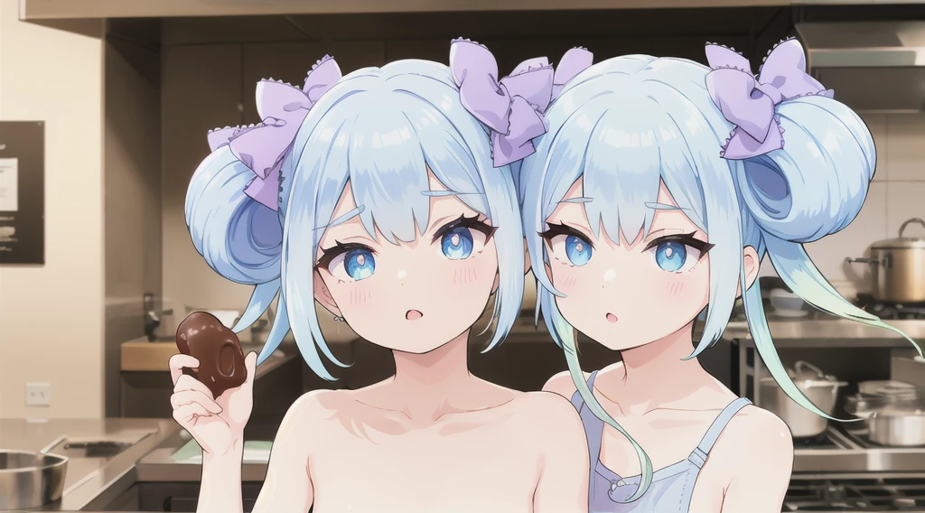 pink bow, long hair, blue eyes, double bun, purple bow, Blue Hair, Twin tails, Hair between the eyes, hair bow, eyebrows visible through hair, Highest quality, (masterpiece:1.2), Very detailed, (masterpiece), (figure),indoor, kitchen,Are standing, Upper Body, face focus:1.2), face, (from the front:1.2),Stay, clavicle, Flat Chest,naked,Chocolate all over the body,
