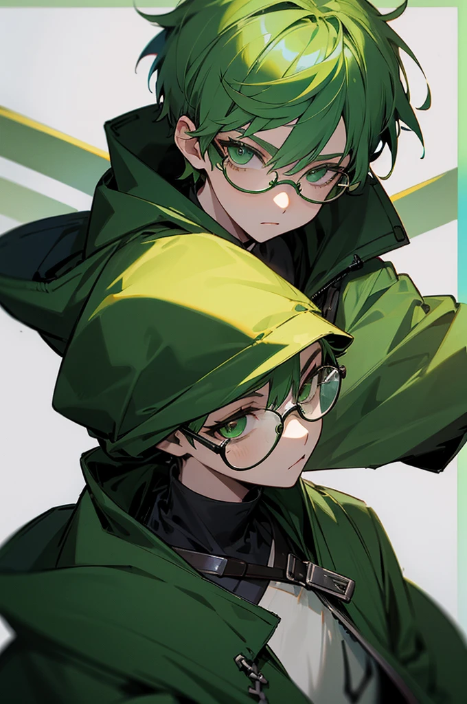 1man, green hair, green eyes, short hair, glasses, big hood jacket
