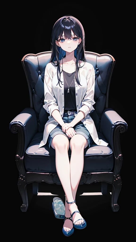 a woman with long, middle-parted hair in a plaid shirt and sexy short jeans mini-pants sitting on a chair with her legs crossed , sitting on the sofa, sitting on the sofa, sitting on the sofa, sitting on the sofa, sitting on a chairเท้าแขน, sitting on the sofa, sitting on a chairนวม, sitting on a chair, sitting on a chair, Sit down comfortably., sitting on a chair, sitting on a chair, sitting on a chair