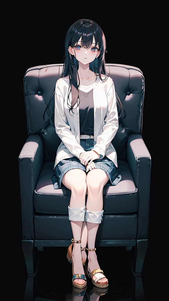 a woman with long, middle-parted hair in a plaid shirt and sexy short jeans mini-pants sitting on a chair with her legs crossed , sitting on the sofa, sitting on the sofa, sitting on the sofa, sitting on the sofa, sitting on a chairเท้าแขน, sitting on the sofa, sitting on a chairนวม, sitting on a chair, sitting on a chair, Sit down comfortably., sitting on a chair, sitting on a chair, sitting on a chair