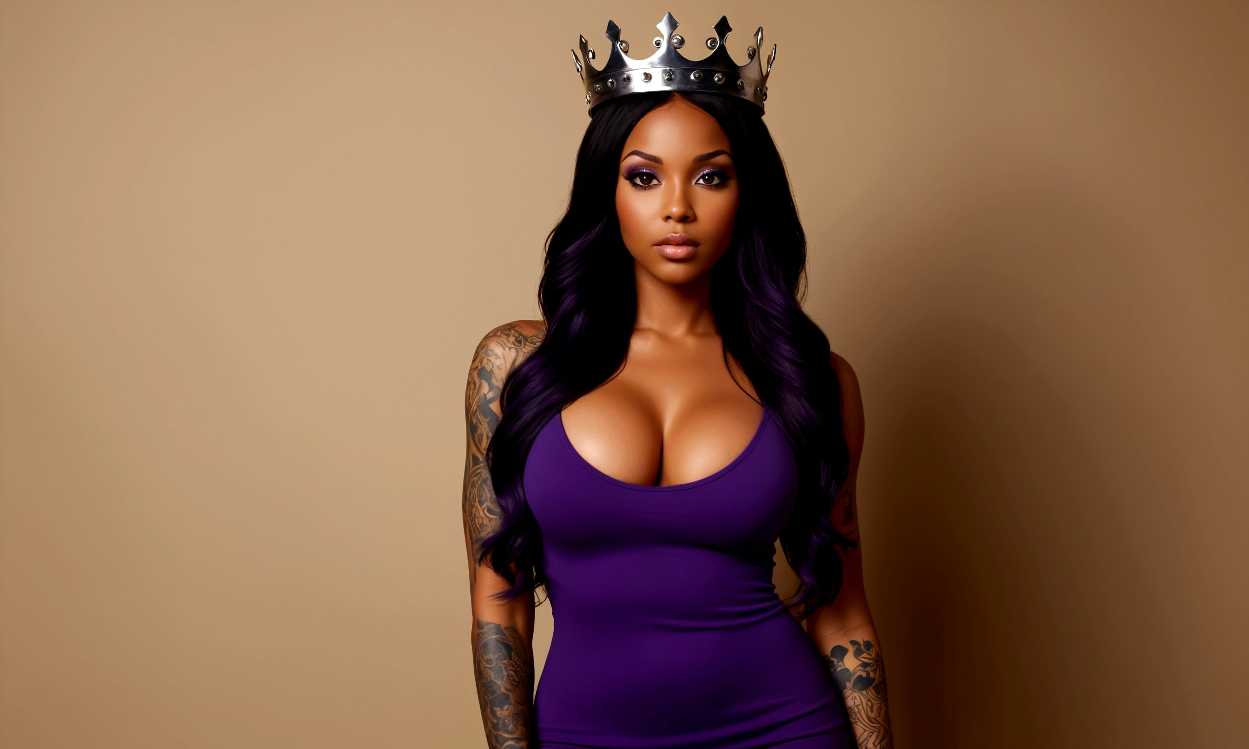 She is wearing a crown on her head , fully body, full scene (Black-skinned woman Beautiful brunette with a perfect body, beautiful, big, perfect breasts, wide, thin thighs, perfect, everything perfect,) ((Art Style Full Length View, full-featured))characteristics (Purple and black straight hair style, wavy, prisoner, Loose) ( clothing style wearing black and purple dress) ( Full body tattoo style) .8K uhd, high qualiy, volumetric light, photoshot, high resolution, 4K, 8K