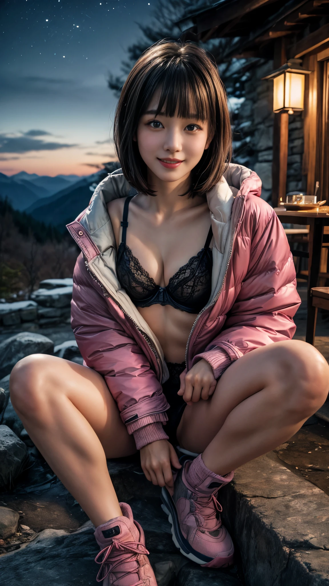 nsfw、(((Night view)))、White Breath、Beautiful starry sky、In the mountains、smile、in the forest、winter、Cottage))、Sit in front of the bonfire、Stainless Steel Mug、Outdoor、(((Front open down jacket)))、Knitted hat、(Leg warmers)、(Trekking shoes)、 table、((Big Breasts))、Steam rising from a mug、I feel it、Wavy long hair、High resolution、High resolution、In 8K、Real Live Action、RAW Photosgraphy、Highest quality、masterpiece、tableトップ、erotic,White skin,knees, Absurd,Small face、masterpiece,Highest quality、超High resolution,RAW Photos,only,Beautiful poop,One person, One personで,whole body、very nice、Japanese women,（Realistic：1.4）、Photon Mapping、Realistic、Beautiful woman、物理ベースのonlyダリング、Qianfang、Depth of field rally background、 Soft Nose, Sparkling eyes、Glossy Lips、Spread your legs、(((A detailed design of black lace pink lingerie is visible)))、