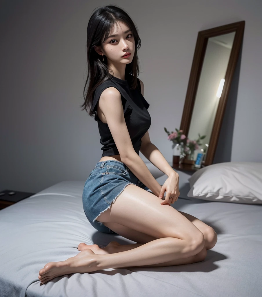 absurdres, RAW photo, extremely delicate and beautiful, masterpiece, Best Quality, ultra high resolution, 32k, hyperrealistic, ultra-detailed, perfect anatomy, super Detailed skin, perfect figure, Japanese woman, late 20s, very Slim body, narrow waist, very small head, handsome detailed woman, very detailed eyes and face, realistic face proportions, Stunning detailed eyes, Realistic beautiful face, very small face, Realistic small beautiful eyes, tearful mole, earring, beautiful and very thin legs, beautiful and very thin thighs, ((very huge round breasts)), medium hair, black hair, ((((full body shot)))), ((((solo, alone)))), ((shirt)), ((sleeveless)), pencil skirt,
