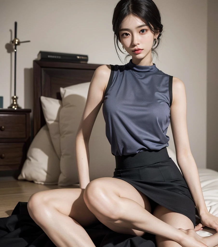 absurdres, RAW photo, extremely delicate and beautiful, masterpiece, Best Quality, ultra high resolution, 32k, hyperrealistic, ultra-detailed, perfect ???????, super Detailed skin, perfect figure, Japanese woman, late 20s, very Slim body, narrow waist, very small head, handsome detailed woman, very detailed eyes and face, realistic face proportions, Stunning detailed eyes, Realistic beautiful face, very small face, Realistic small beautiful eyes, tearful mole, earring, beautiful and very thin legs, beautiful and very thin thighs, ((very huge round breasts)), medium hair, black hair, ((((full body shot)))), ((((solo, alone)))), ((shirt)), ((sleeveless)), pencil skirt,
