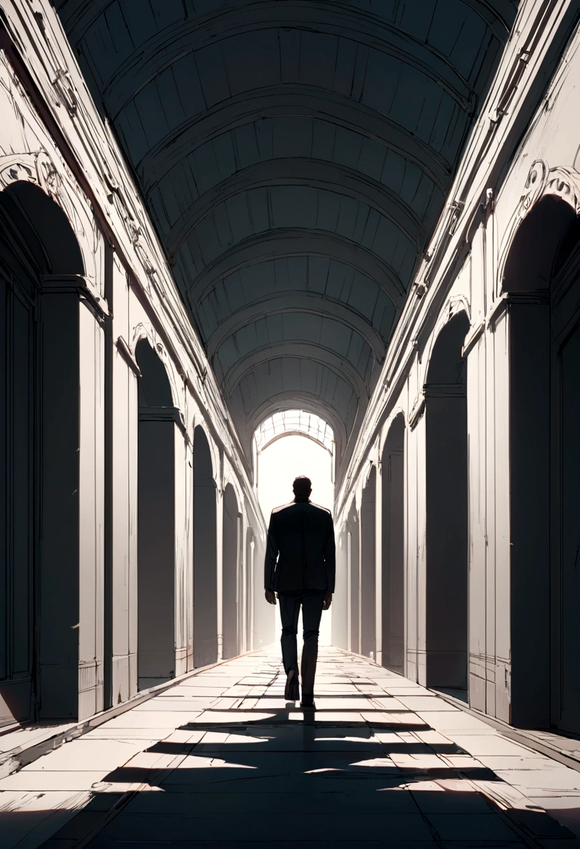 Back view of a man walking down a corridor, Turn your head and look behind you