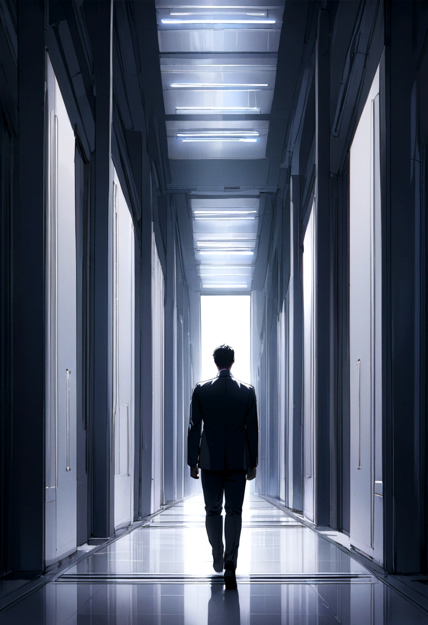 Back view of a man walking down a corridor, Turn your head and look behind you