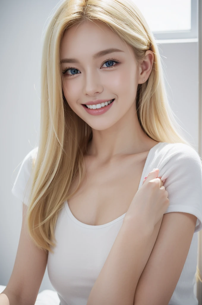 perfect quality,blond,White skin,a photo of a woman,indoor,White background,Realistic lighting,8K,4K,Looking at the camera,Wearing short sleeves,Hold a toothbrush,Smile,Show your teeth,portrait,Pretty Face
