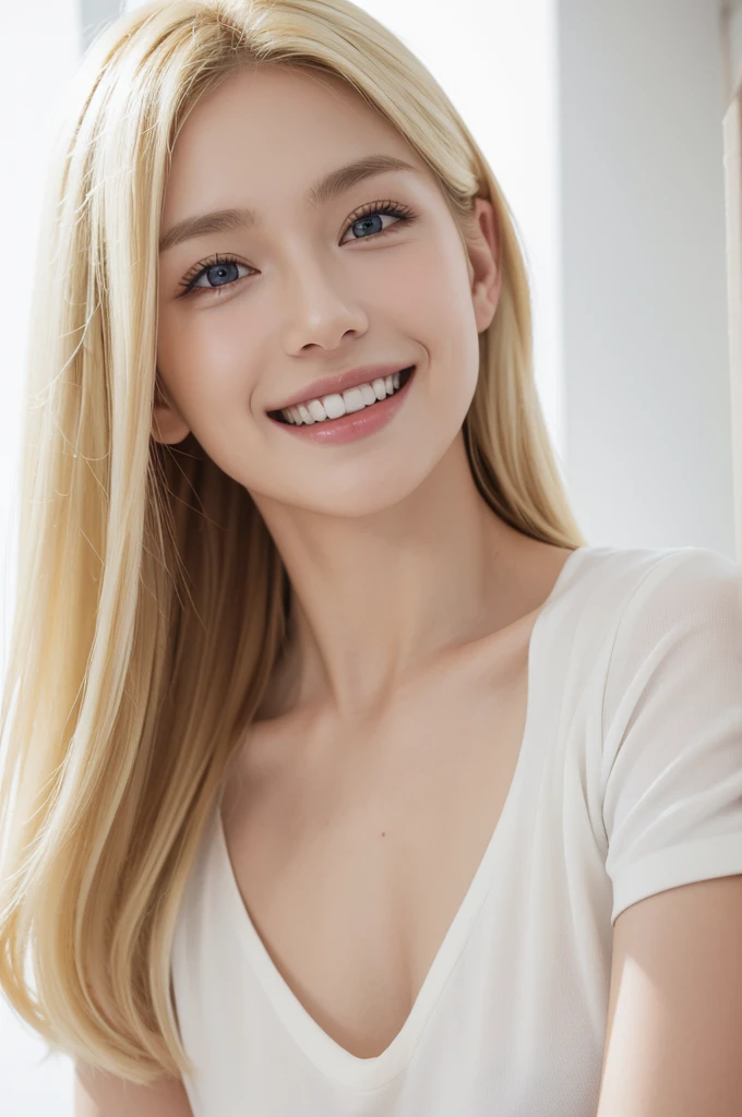 perfect quality,blond,White skin，a photo of a woman,indoor,White background,Realistic lighting,8K,4K,Looking at the camera,Wearing short sleeves,Hold a toothbrush,Smile,Show your teeth,portrait,Pretty Face
