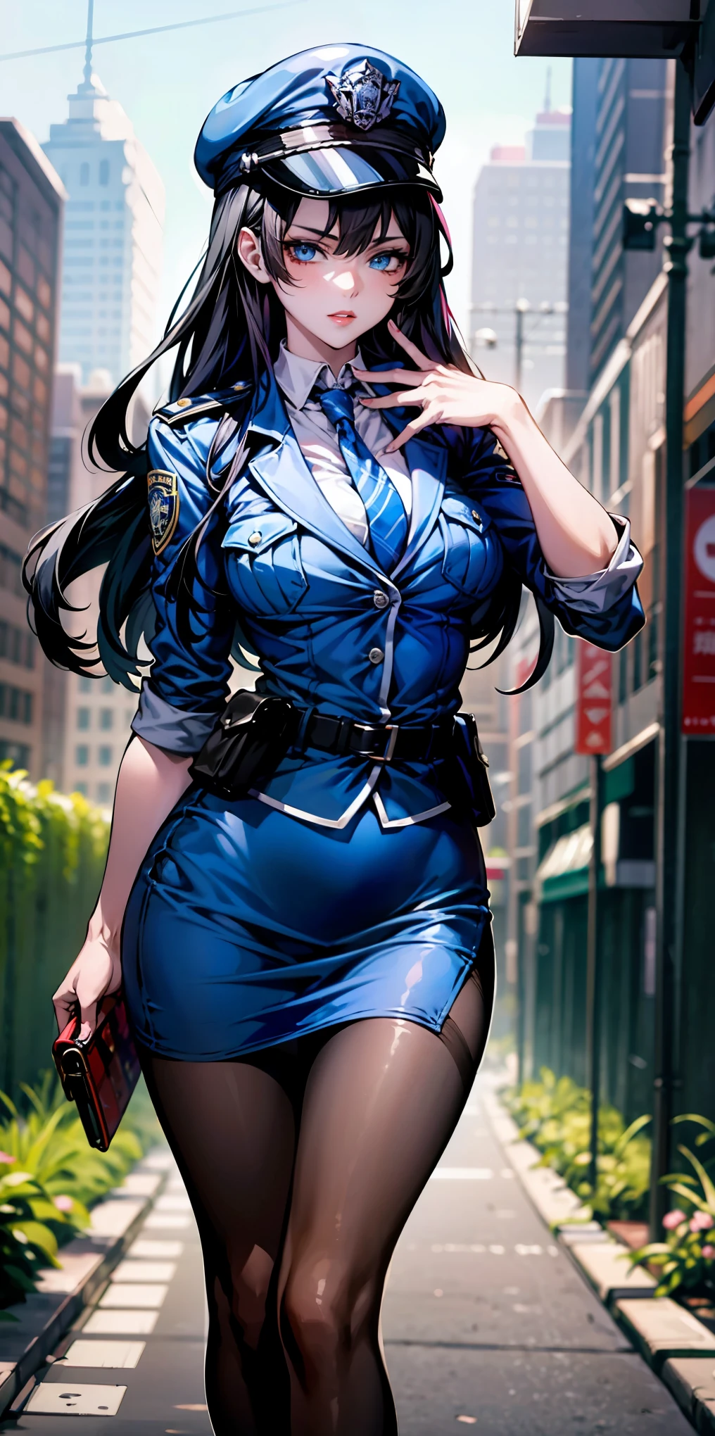 Ridiculous resolution, high resolution, (masterpiece:1.4), Extremely detailed, 1 Girl,blue eyes, Black long hair，Please wear police uniform and short skirt, White handbags、Pantyhose、City Streets,Sexy pose, The camera is close to your body