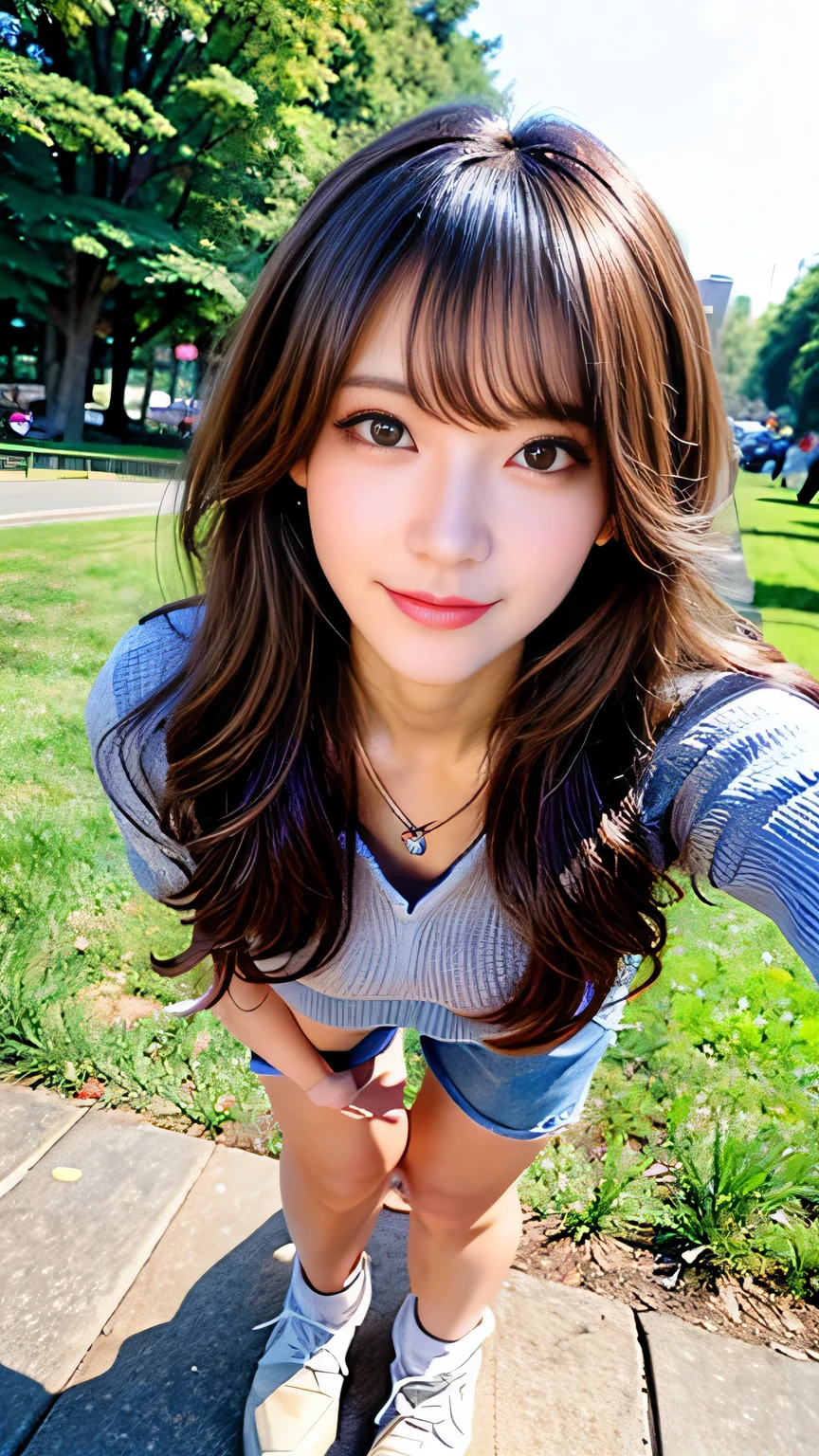 seed:4195271995,((Full Body Angle:1.1)),((Highest quality, 8K, masterpiece: 1.3)), concentrated: 1.2,Front hair:1.3, Cute girl 1,Nipples erect、 Perfect beauty: 1.4,Colorful ribbed knit half-zip T-shirt、Shorts,: 1.2,Randall Color、comics&Text Graphics、Black,1.1, Highly detailed face and skin textures, Fine grain, double eyelid, whitening skin, ,Highest quality,Ultra-high resolution,you,1 girl,alone,_Shiny_skin,Iris,necklace,((brown_length_Wavy_hair)),(lips)),eyelash,Front hair,deal with,compensate,Shiny,pore,skin big breasts、(smiling face)、Front hair、Walking in the park、walk