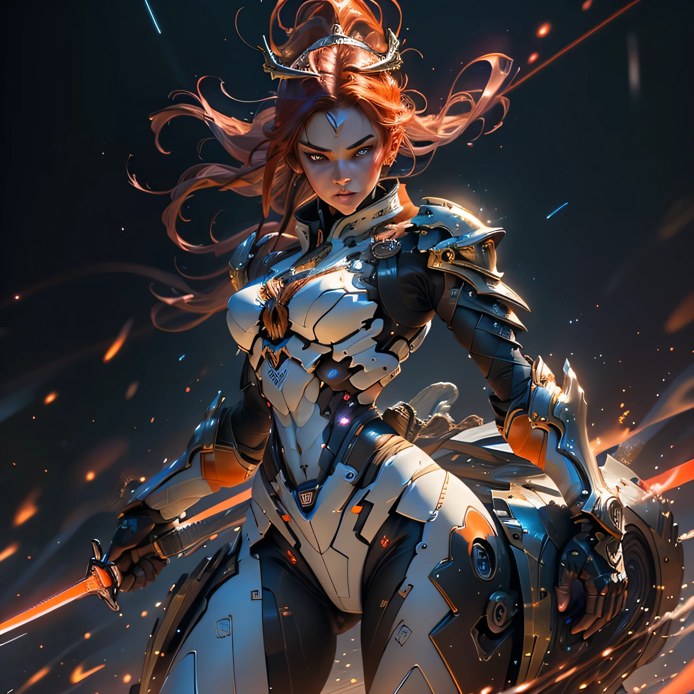 1girl, solo, masterpiece, best quality, 8k, detailed skin texture, detailed polished metal textures, light reflections off of metal surfaces, highly-detailed eyes, extremely detailed face, intricately detailed auburn hair, ultra-detailed mecha exoskeleton, beautifully detailed body, insanely detailed background, bold colors, A stunningly beautiful, extremely fit girl, with a long braided ponytail, wearing full body mecha body armor is (holding a Katana sword in one hand):1.5. and (a long dagger in the other hand):1.5, (((bright red and orange tracers are flying past her))):1.5 (((light trails follow the swords that are swung at high velocity))):1.33, (resembling glowing speed lines):1.4. (She has large bright blue eyes):1.4, (a button nose, perfectly shaped lips):1.2, (a flawless face):1.33 and (the body of a fitness model):1.25, (maximum detail):1.4. (She has a lean waist, an extremely toned midriff, slender thighs, slim calves, and flawless large breasts):1.42, (there are laser bolts and explosions all around her):1.4, and the scene is very (chaotic:1.3), (((detailed line work and delicate, flowing brushstrokes))), giving the art a dreamlike and ethereal quality, the art style is heavily influenced by modern Mecha Anime Films, Concept Art, Surrealism and Art Nouveau with intricate patterns and decorative details):1.2, (motifs from nature such as wolves, lightning, and dragons):1.3. (featuring vivid shades of red, blue, green, and purple, also using silver and gold metallic accents):1.4 (cinematic movie still, masterpiece, best quality, absurd resolution, 8k, Monte Carlo Ray Tracing:1.2, path traced subsurface scattering):1.4, (((HDR, UHD, volumetric lighting, Unreal Engine 5, Unity Engine, Blender, octane render))), (exquisite subject composition and use of lighting:1.4, exceptional, award-winning shading:1.4, sharp focus:1.35, top angle, full body shot, photorealistic, natural beauty):1.4