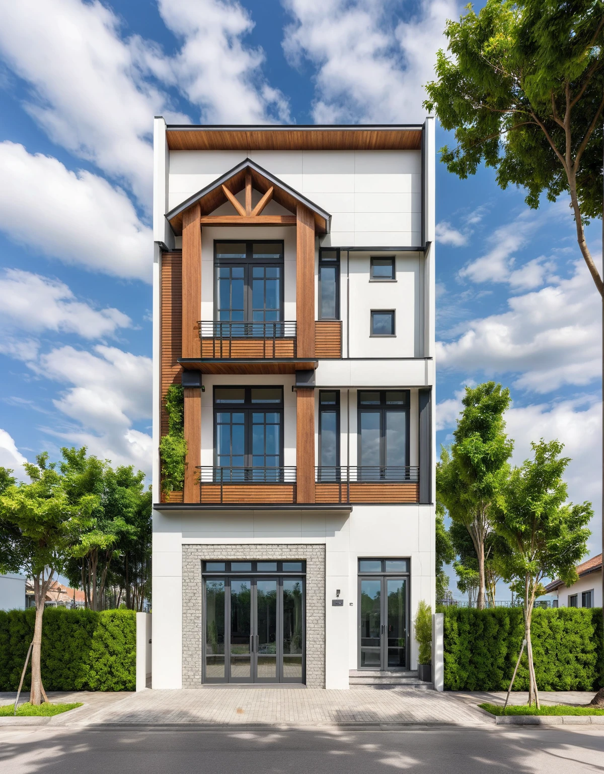 Masterpiece, high quality, best quality, authentic, super detail, outdoors, house style modern,bietthuhn, white wall, glass windows, gate road,pavement, grass, trees,blue sky, cloud, (day:1.1), realistic lighting,photography expert ,exterior design , professional photography, exterior photography,wide-angle shot , ultra detail , high Resolution , full frame, full body