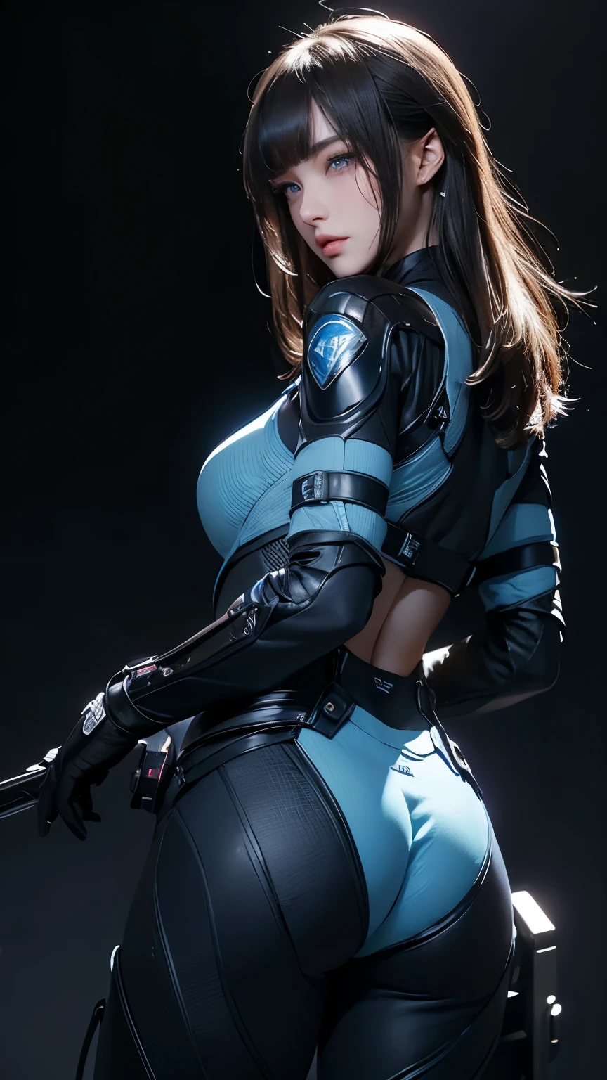 masterpiece, Highest quality, Very detailed, To the camera, 複雑に詳細なVery detailed, Realistic, Sharp features, Very detailed, Sharp focus, Perfect Face, Perfect Face, Perfect symmetry and perfect eyes, Perfect Plump Lips, Flexible female form, Cinematic, Film Light, Very detailed, hyper Realistic, masterpiece, Atmospheric, High resolution, Vibrant, Dynamic Studio Lighting, ((Dark Background)), The expression when enduring pleasure, Straight bangs, blue eyes,、Back view、Butt、Sexually aroused expressions、Fallout Vault Suit,