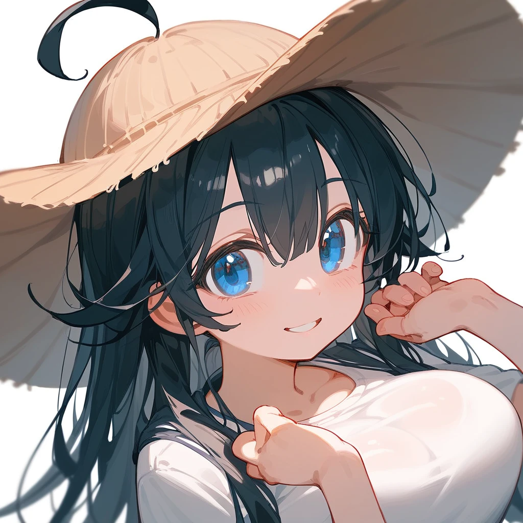One Girl、Big Breasts、Black Hair、Long Hair、Straight Hair、Ahoge、high school student、smile、Dark blue eyes、Big eyes、Summer