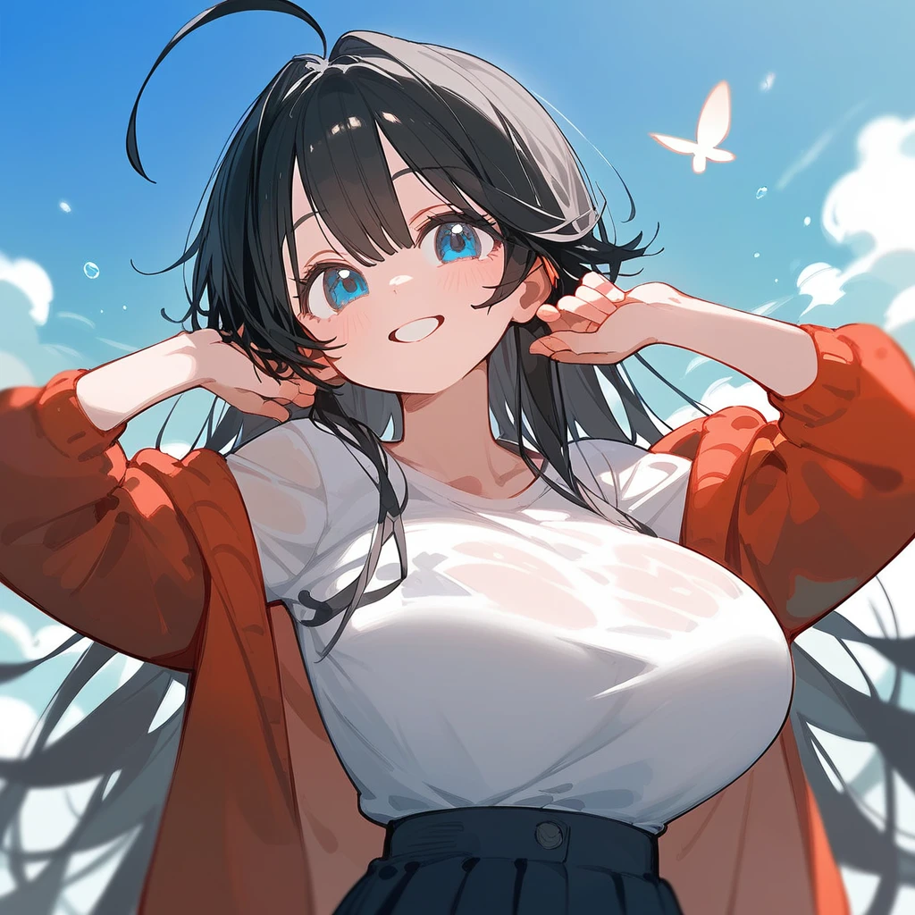 One Girl、Big Breasts、Black Hair、Long Hair、Straight Hair、Ahoge、high school student、smile、Dark blue eyes、Big eyes、Summer 