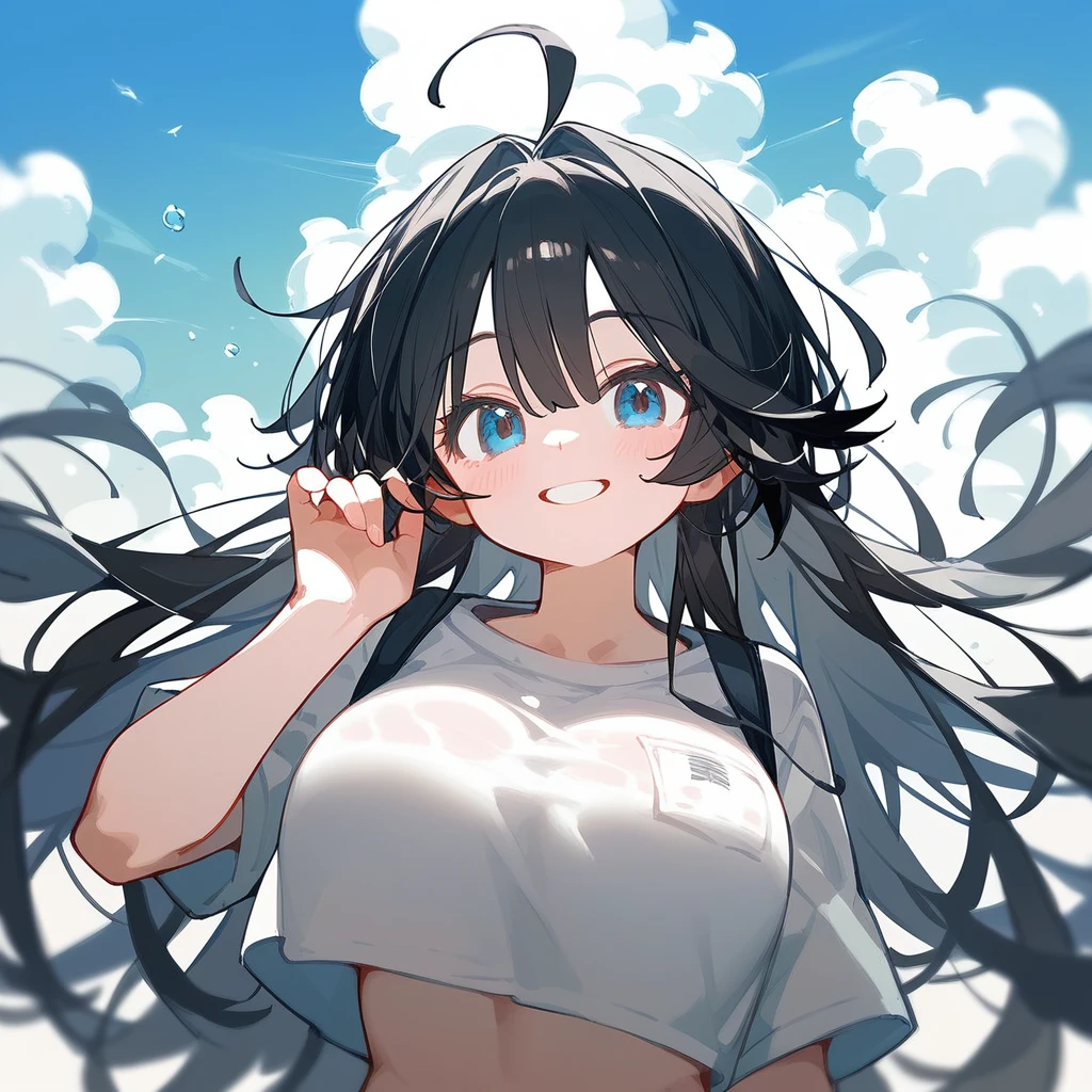 One Girl、Big Breasts、Black Hair、Long Hair、Straight Hair、Ahoge、high school student、smile、Dark blue eyes、Big eyes、Summer