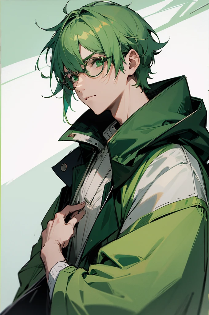 1man, green hair, green eyes, short hair, glasses, big hood jacket, not looking at camera