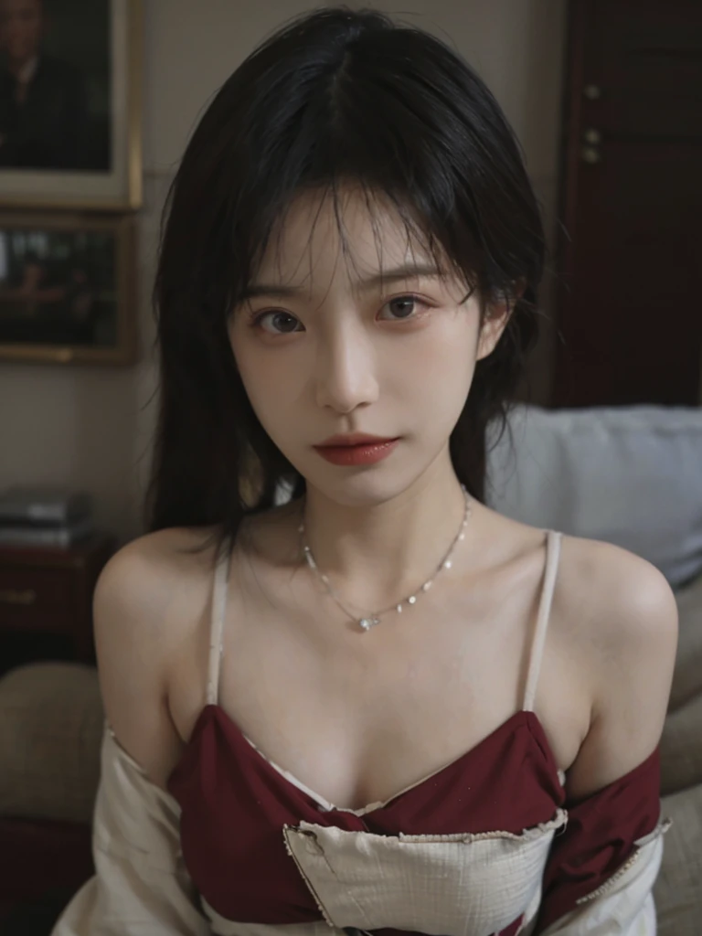 Film portrait photography, 2 girls, Bare shoulders,Lipstick,(flat chest:1.4), Wear a necklace,Cute expression,Exquisite makeup,Red suspenders,serene, calm, (Realistic and detailed eyes, Natural skin texture, Realistic facial details), Big breasts:1.6,Big Breasts,Soft dramatic lighting, Depth of Field, Bokeh, Vibrant details, Detailed and detailed, Surreal, 35mm film, hazy, ,