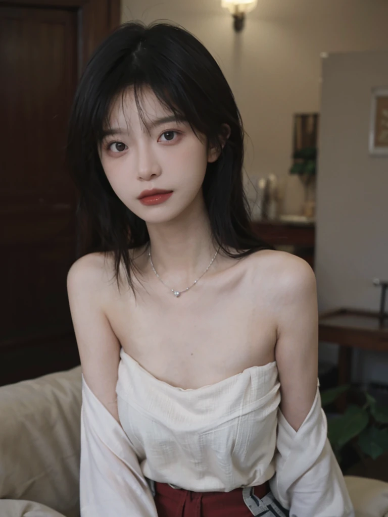 Film portrait photography, 2 girls, Bare shoulders,Lipstick,(flat chest:1.4), Wear a necklace,Cute expression,Exquisite makeup,Red suspenders,serene, calm, (Realistic and detailed eyes, Natural skin texture, Realistic facial details), Big breasts:1.6,Big Breasts,Soft dramatic lighting, Depth of Field, Bokeh, Vibrant details, Detailed and detailed, Surreal, 35mm film, hazy, ,