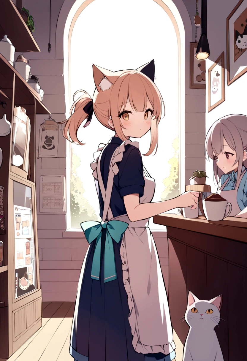 An illustration、Cat Cafe、Cute clerk、apron