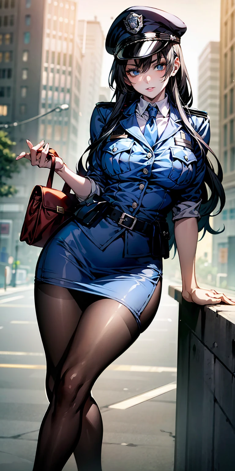 Ridiculous resolution, high resolution, (masterpiece:1.4), Extremely detailed, 1 Girl,blue eyes, Black long hair，Please wear police uniform and short skirt, White handbags、Pantyhose、City Streets,Sexy pose, The camera is close to your body