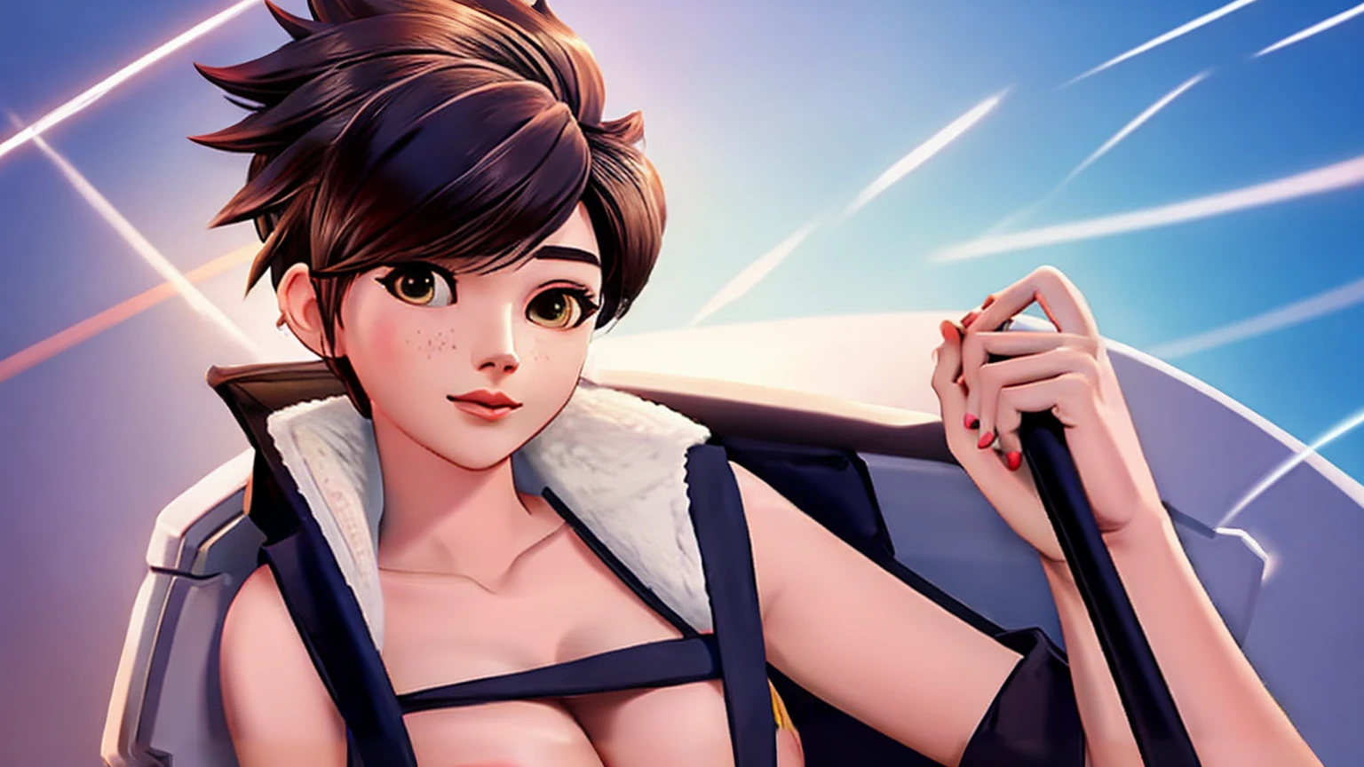 VHS cover for a porn starring tracer. sexy, hoop-earings, naked, nude, slut, small_boobs, freckles, pornstar, nsfw, full body view.