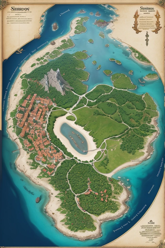 Create a medieval map with 4 kingdoms and a huge forest separating them both. The first kingdom is spring, the second is autumn, the third is summer and the fourth is winter. Make an ocean with small islands around it 