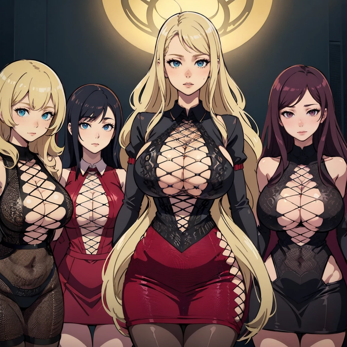 [League Of Legends],ahri,evelynn,kai'sa,group picture,multiple girls,5girls,looking at viewer ,realistic,shiny skin,,tight black lace dress,(beautiful face:1.1),(masterpiece, high quality:1.2)  gigantic breasts, motherly, porcelain skin, honey blonde hair, very long hair, wavy hair,mature female,