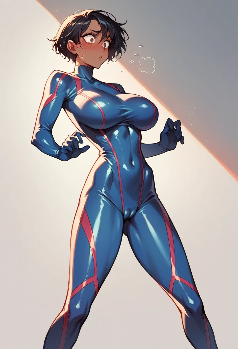 Short black hair, tall, shiny skin, gloss skin, long legs, dark skin, cameltoe, tall ,flustered, blush, y body, lean body, huge brextremely tight, wetsuit, wetsuit,