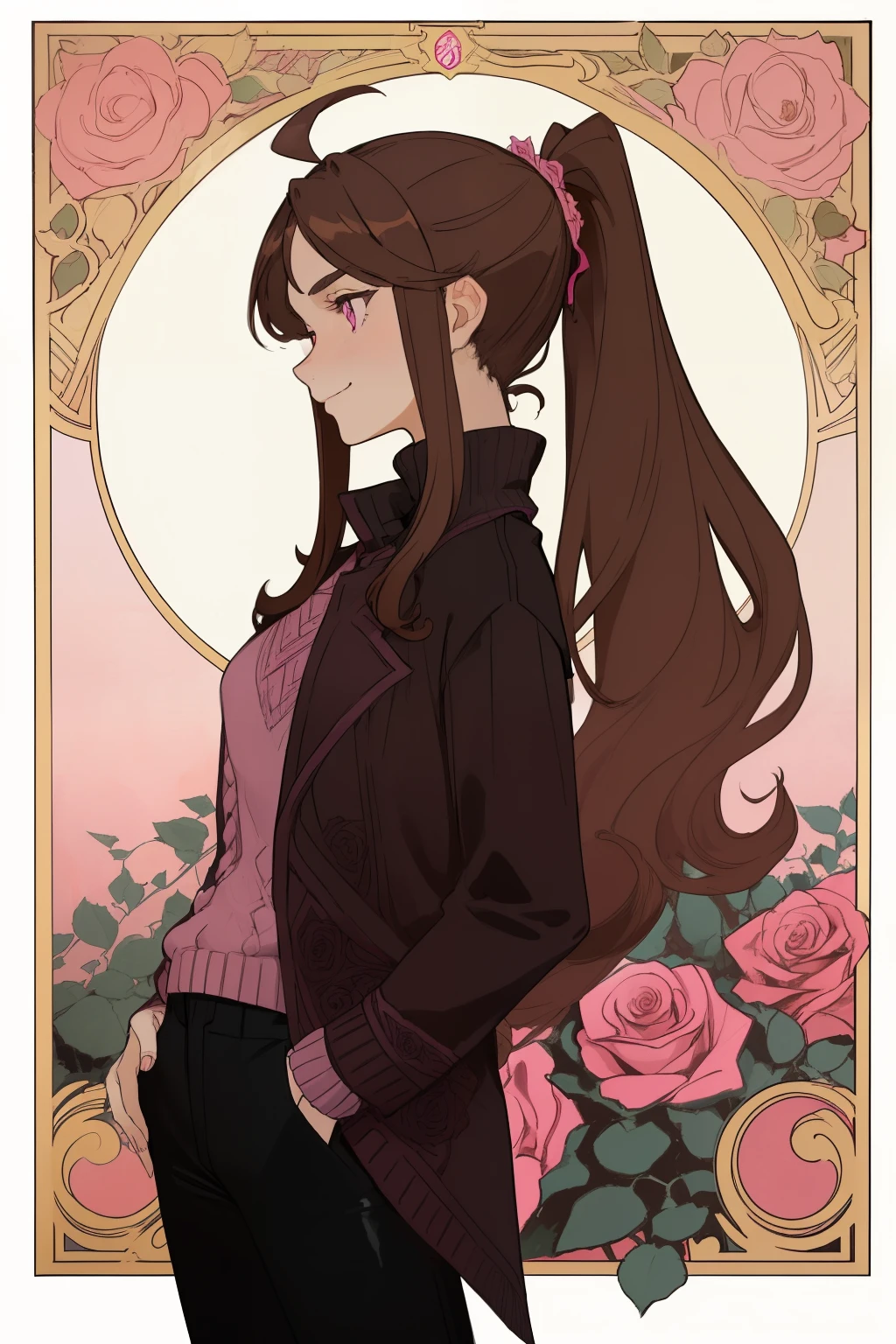 Art Nouveau Style, poster in a theater, (art by wes anderson), 2d, ((masterpiece, best quality)), (1girl), (solo), (female focus) (adult woman), (ahoge, brown hair, long hair, ponytail), violet eyes (detailed face, detailed and shiny eyes), Brown hair with white gradient at the ends, ponytail, parted bangs, long locks, little smile, in good mood ((dark pink sweater, black jacket), (open jacket), ((black pants)) (rose bushes aroun) (touching a rose delicately), standing, Profile, random and beauty background