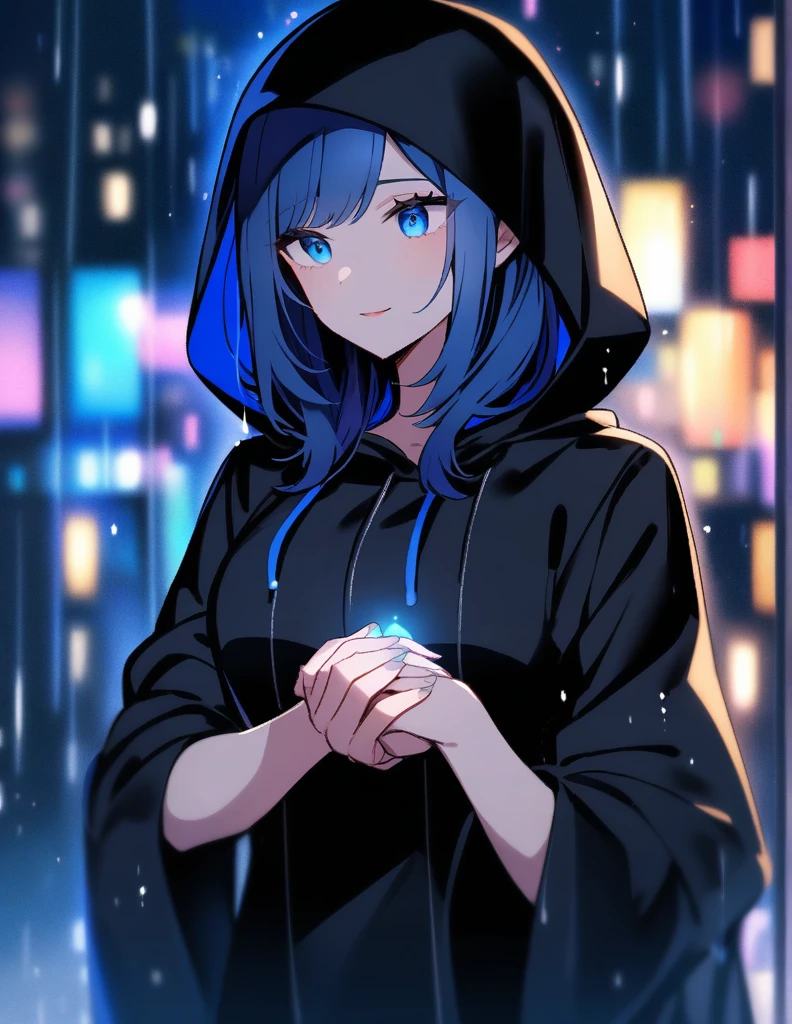 Mysterious woman wearing a black hooded robe, with dazzling blue eyes, holds out her hand while making a proposal, on a rainy night