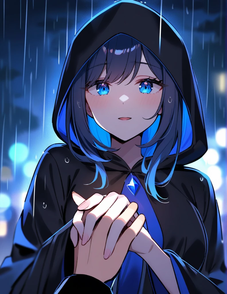 Mysterious woman wearing a black hooded robe, with dazzling blue eyes, holds out her hand while making a proposal, on a rainy night